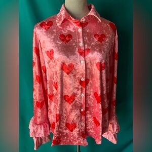 Women’s Red Heart Crushed Velvet Button-Up Shirt w/flared, ruffled cuffs